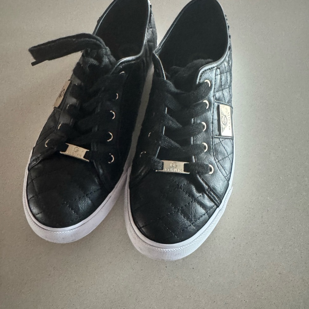 Guess Women’s Backers Black Quilted Sneakers with Gold Accents